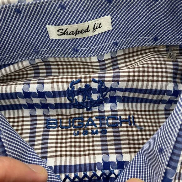 BUGATCHI UOMO Shirt Men Medium M Brown Blue Checkered Button Up Long Sleeve Polo - Picture 3 of 8